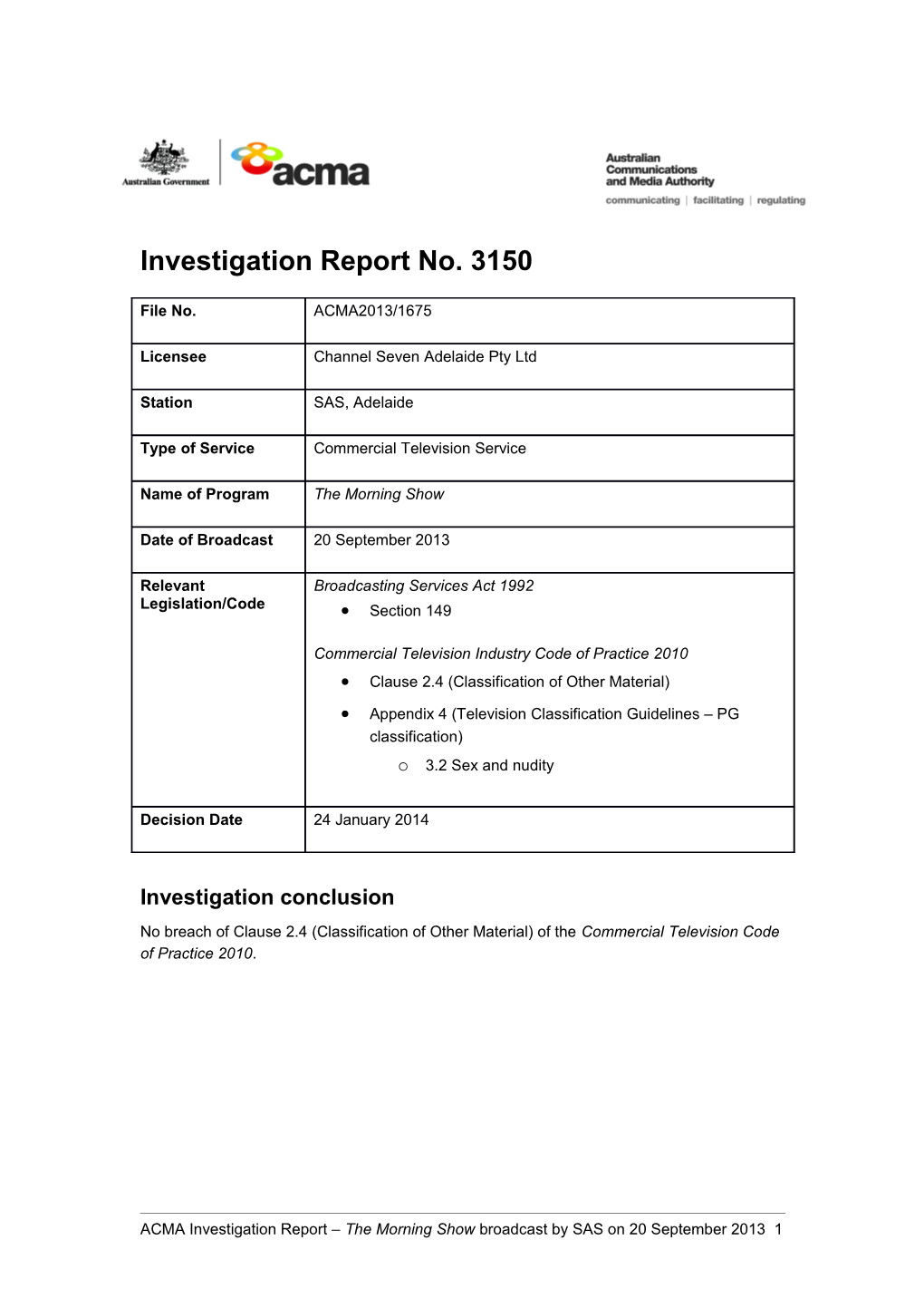 Investigation Report No. 3150