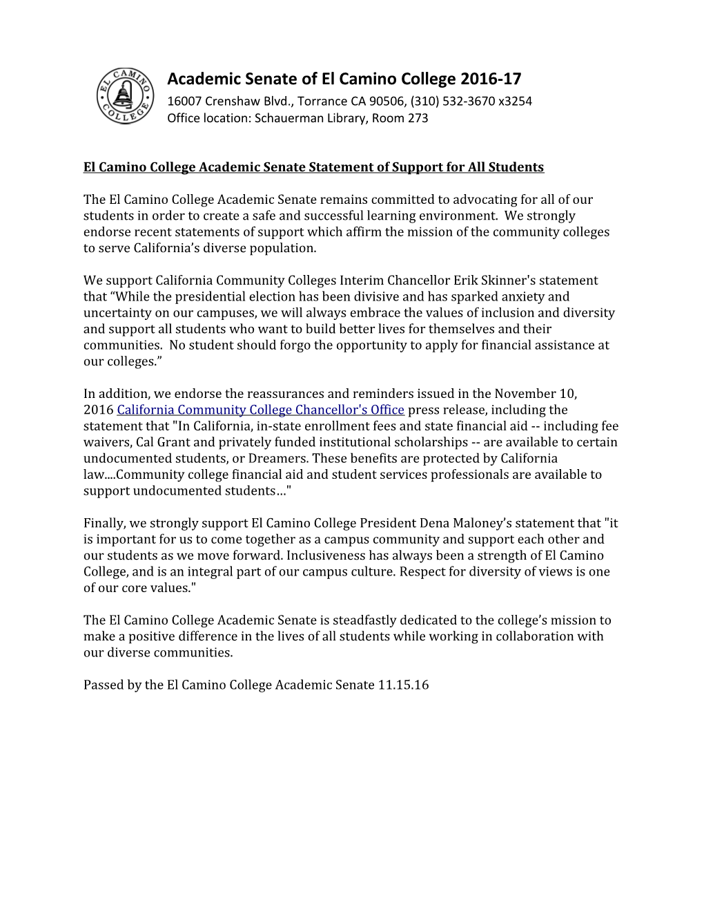El Camino College Academic Senate Statement of Support for All Students