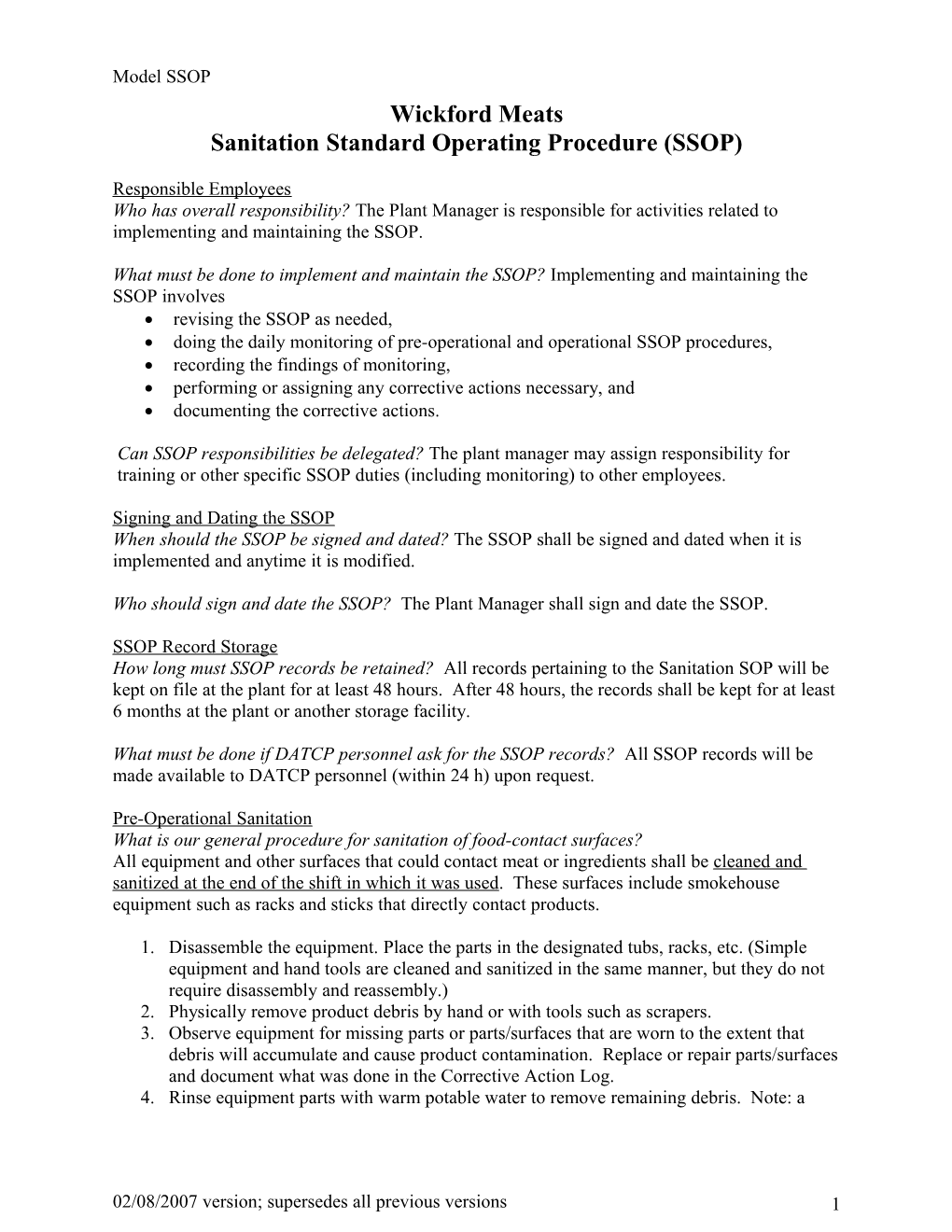 Model of a Standard Operating Procedure for Sanitation