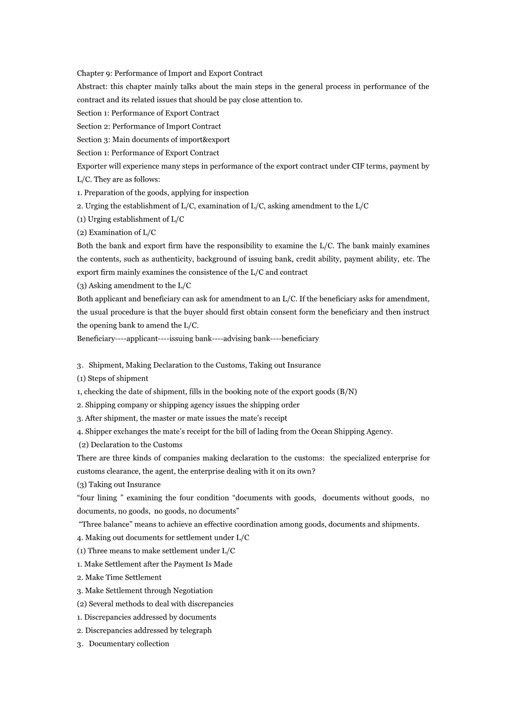 Chapter 9: Performance of Import and Export Contract