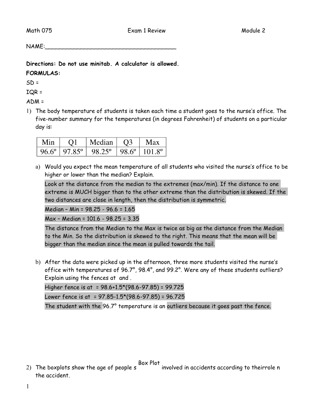 Directions: Do Not Use Minitab. a Calculator Is Allowed