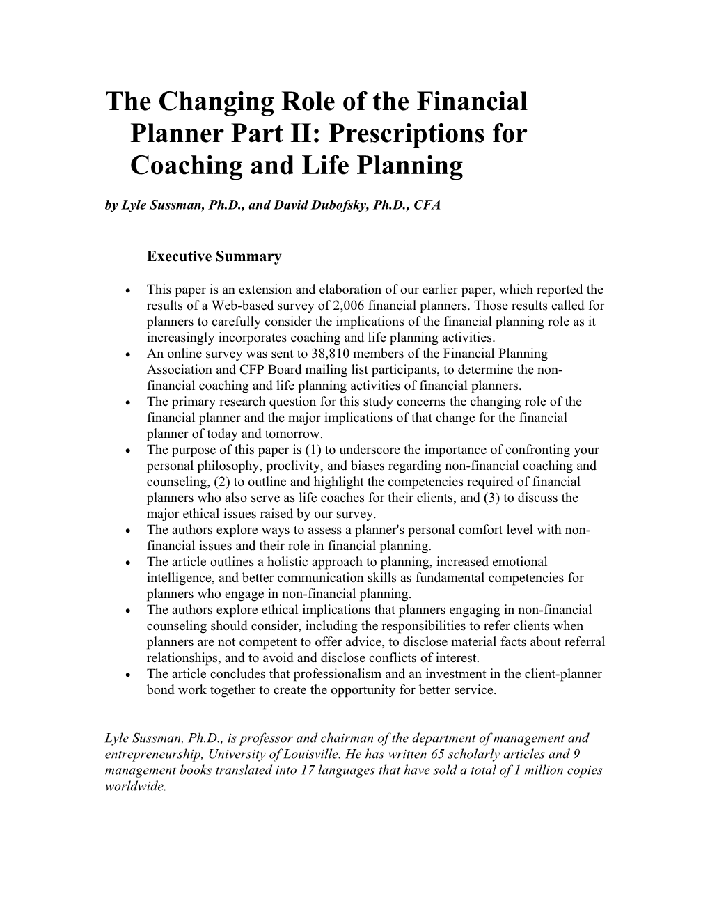 The Changing Role of the Financial Planner Part II: Prescriptions for Coaching and Life Planning