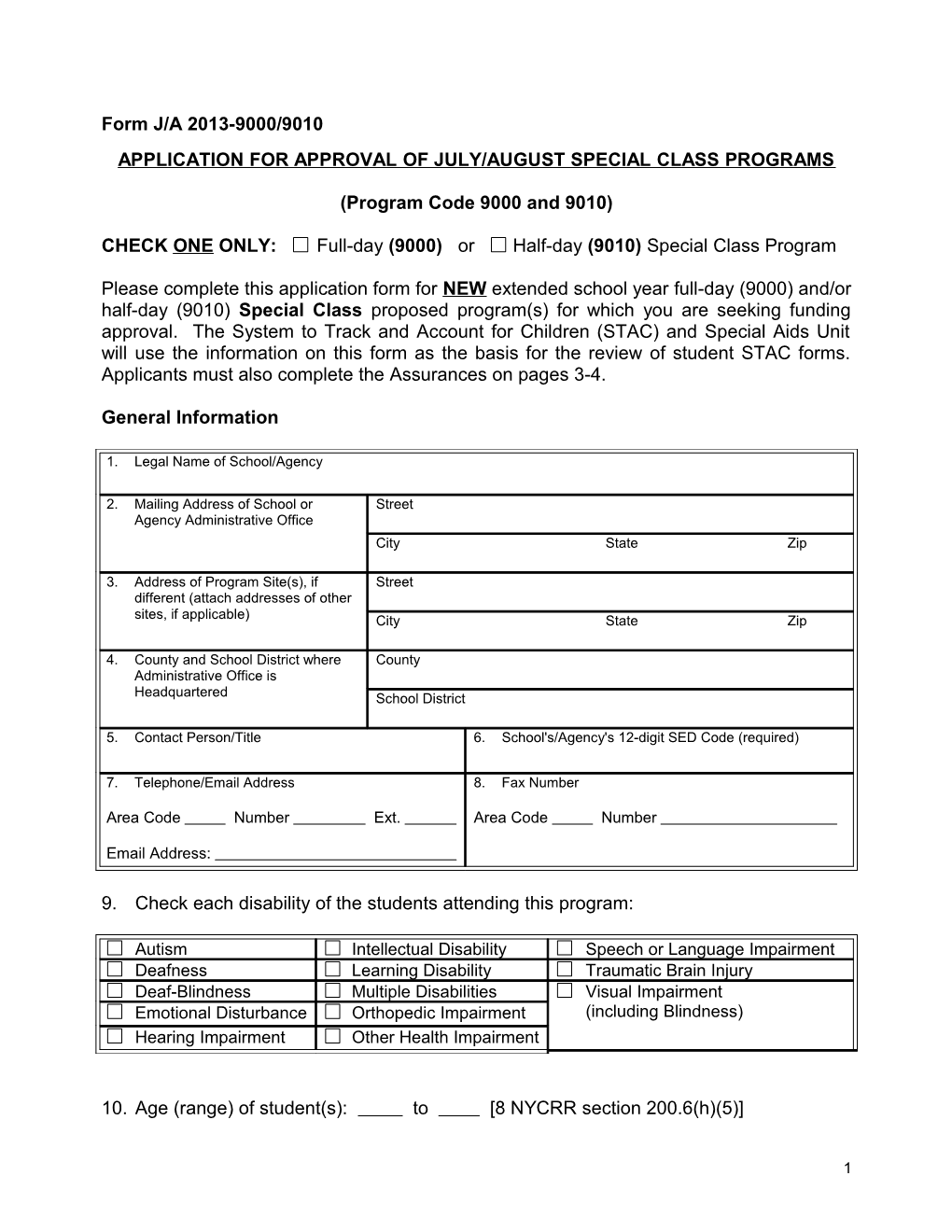 Application for Approval of July/August Special Class Programs