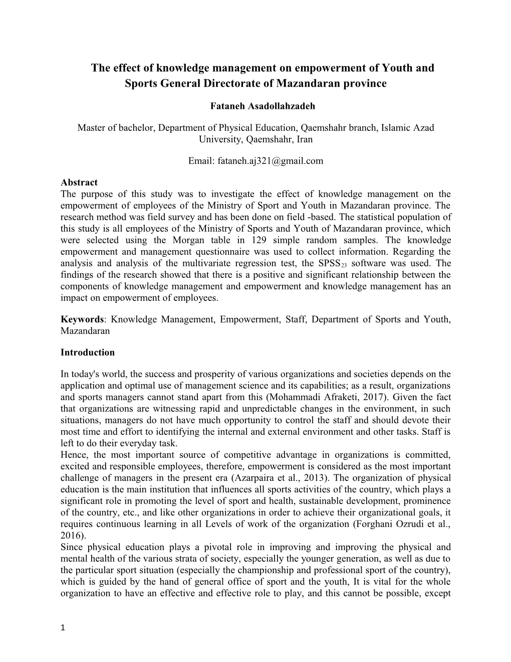 The Effect of Knowledge Management on Empowerment of Youth and Sports General Directorate