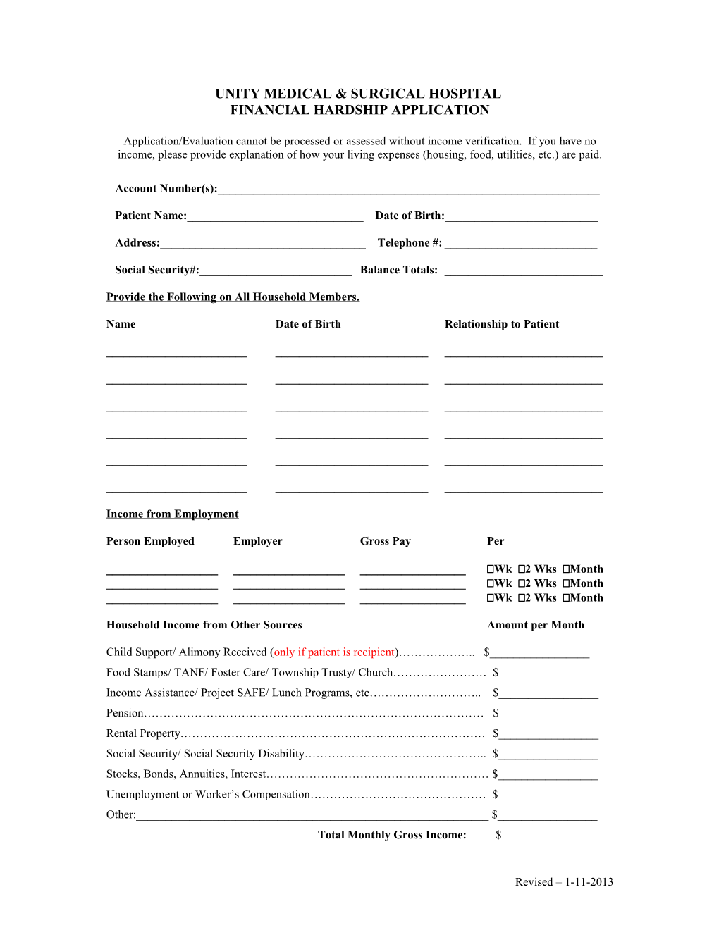 Unity Medical & Surgical Hospital Financial Assistance Application