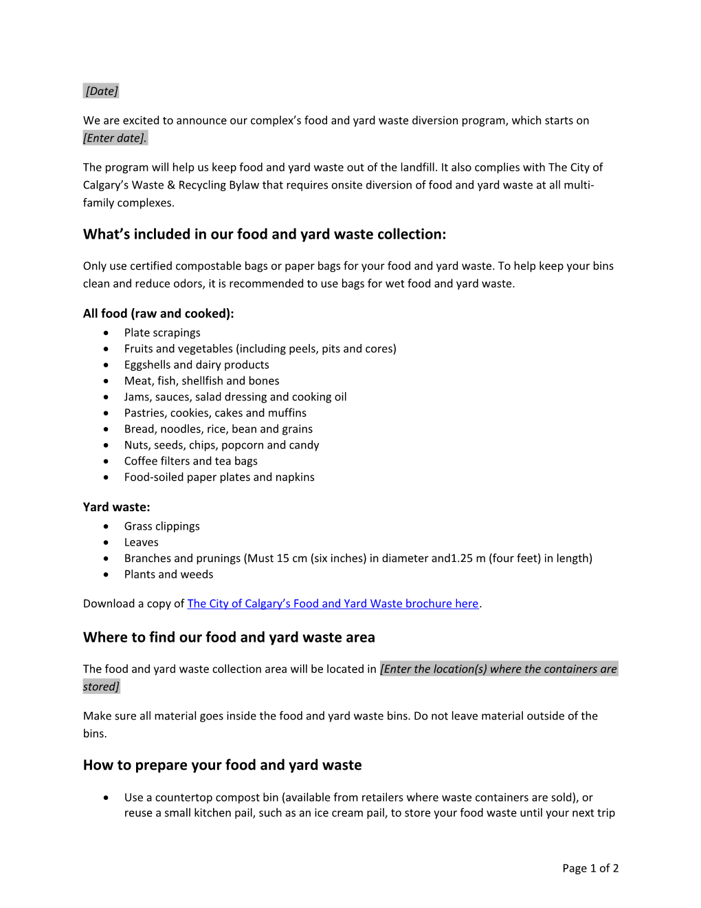 Multi-Family Food and Yard Waste Program Letter