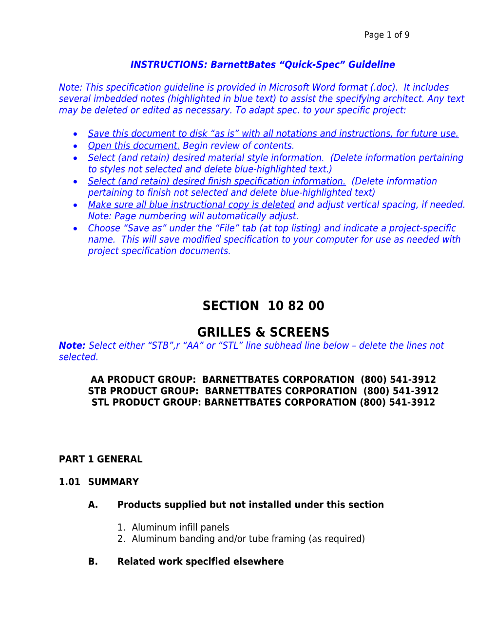 INSTRUCTIONS: Barnettbates Quick-Spec Guideline