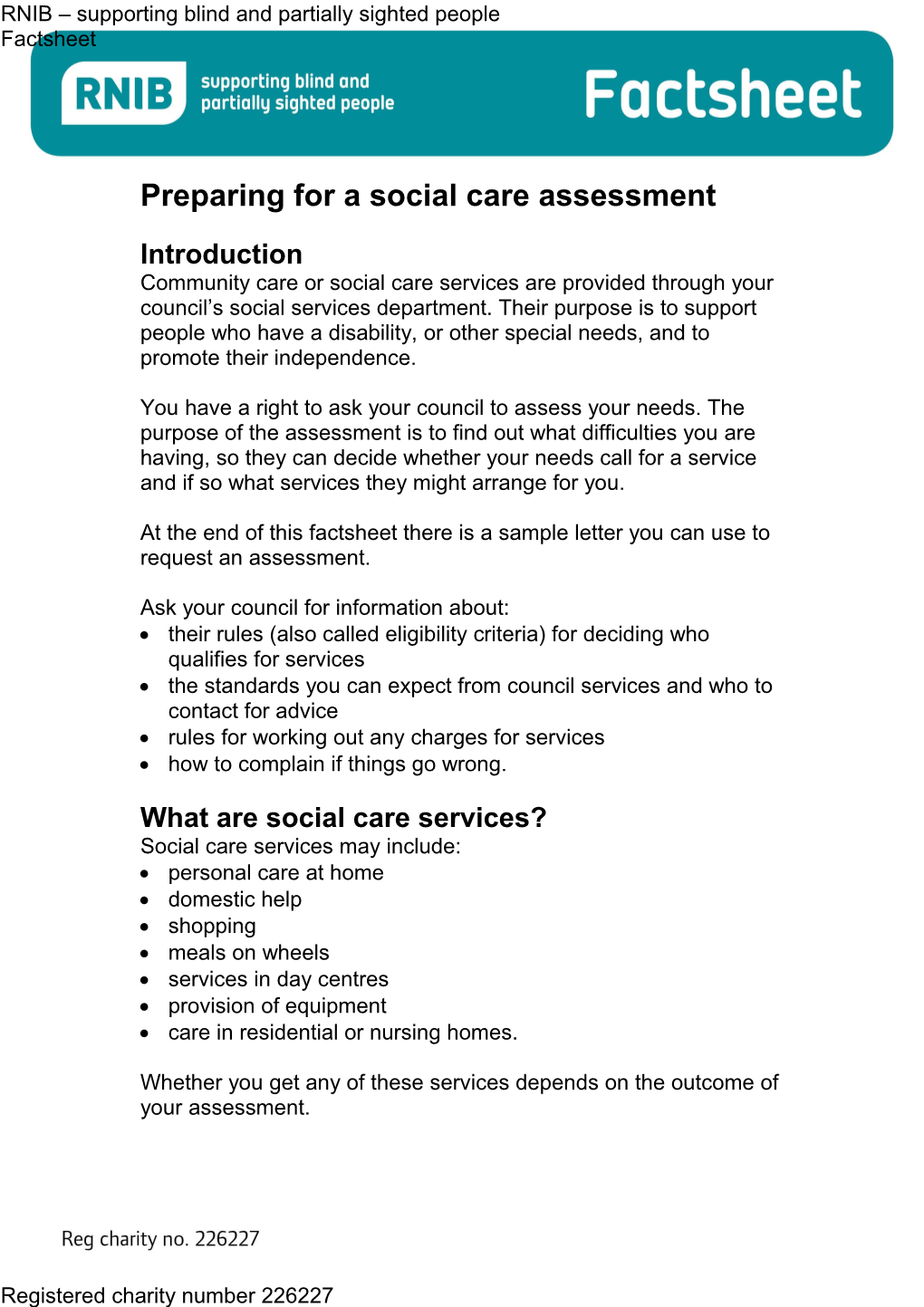 Preparing for a Social Care Assessment Factsheet