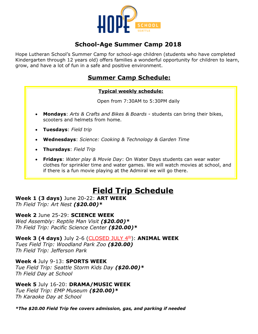 School-Age Summer Camp 2018