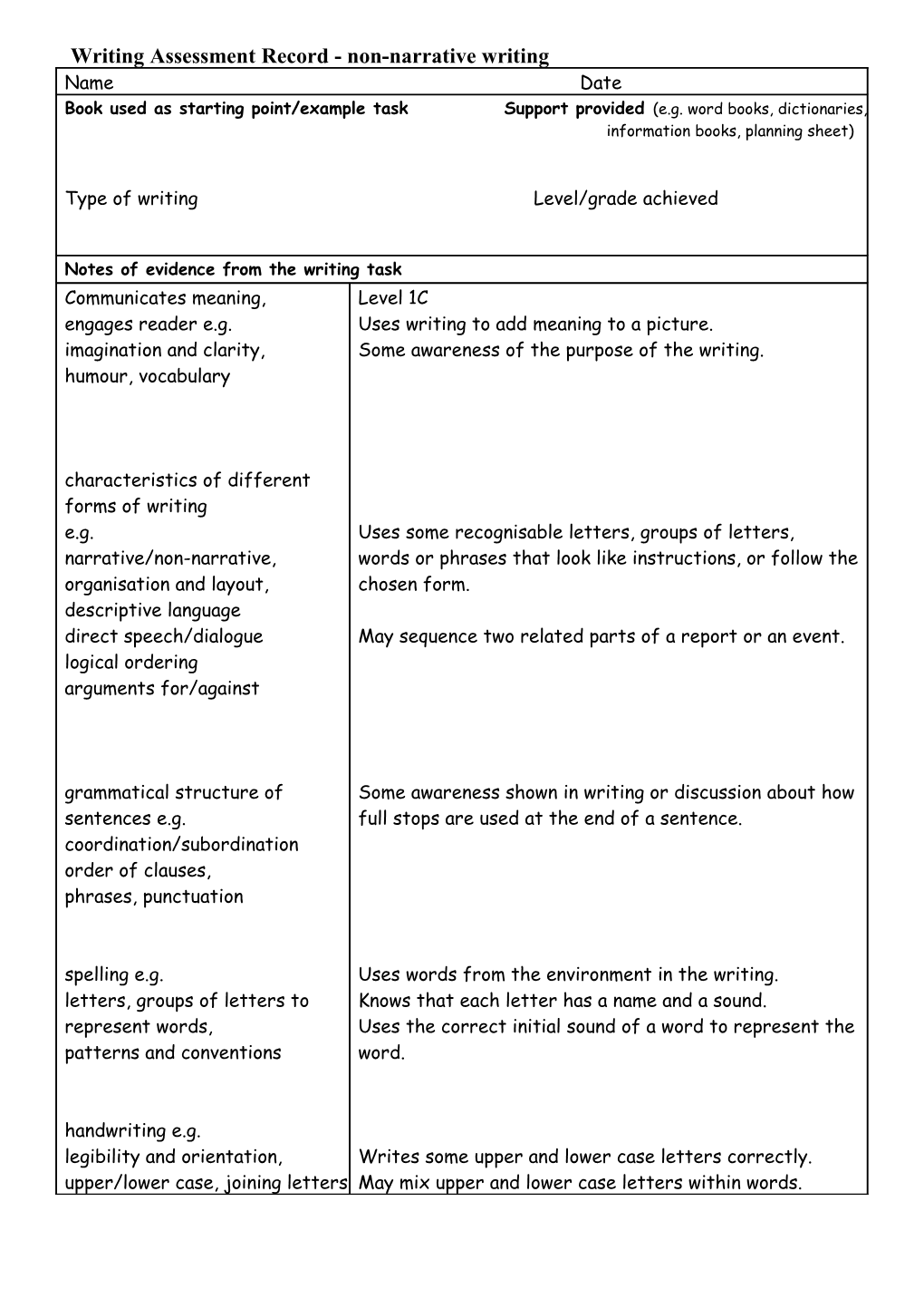 Writing Assessment Record