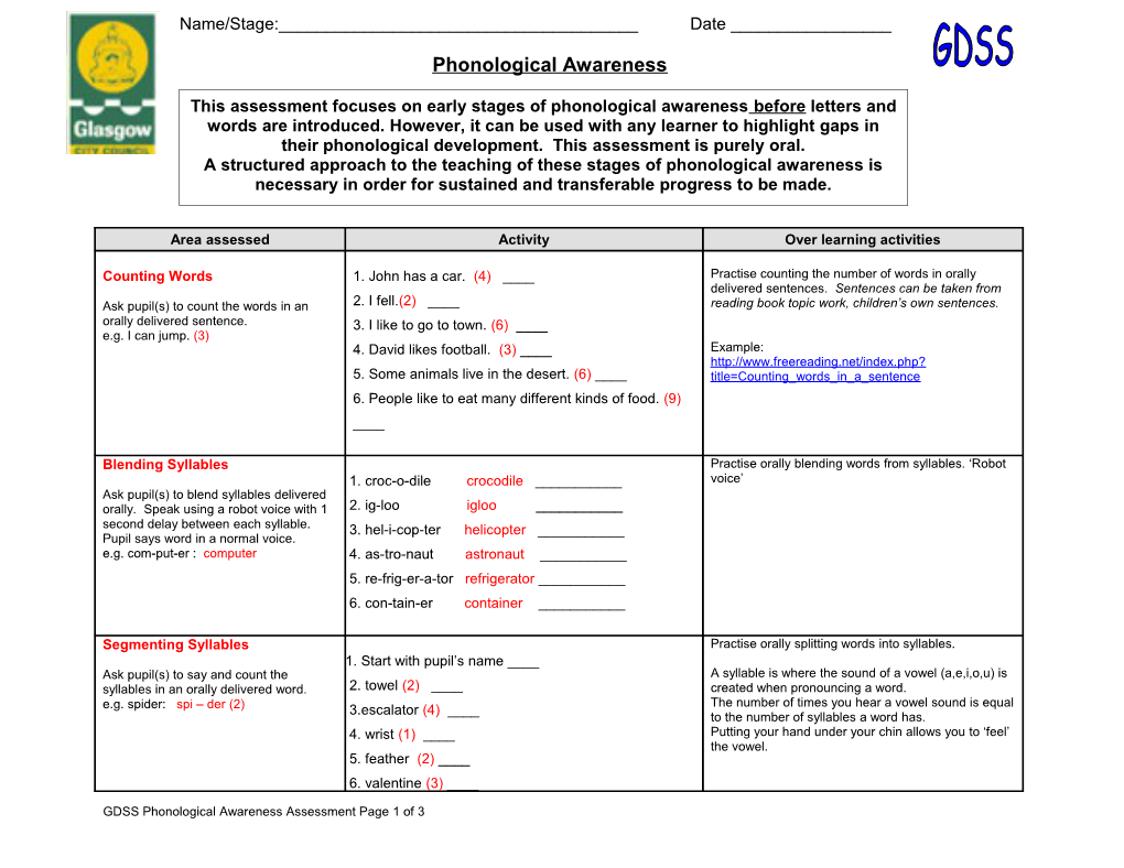 GDSS Phonological Awareness Assessment Page 1 of 3