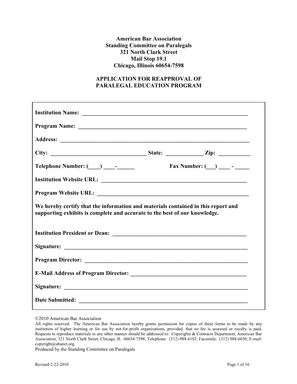 Application for Reapproval of Paralegal Education Program