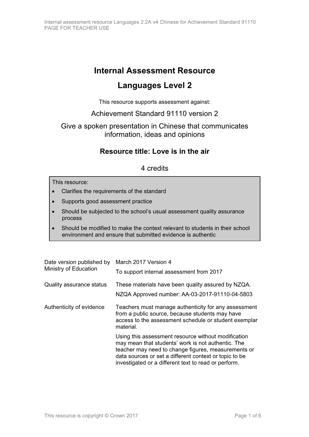 Level 2 Languages Chinese Internal Assessment Resource