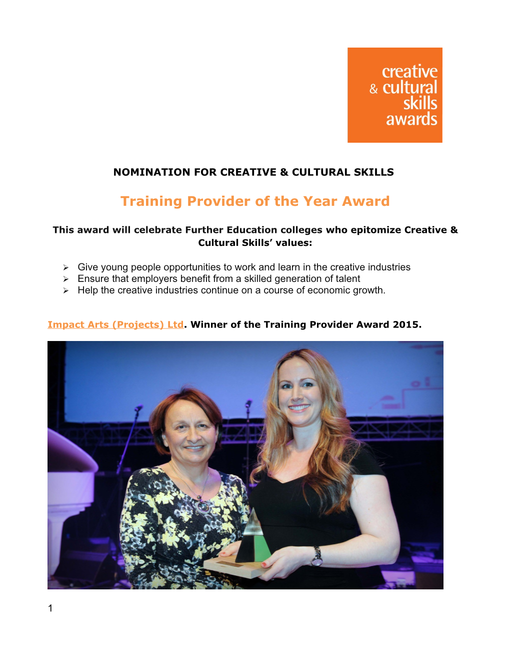 Nomination for Creative & Cultural Skills