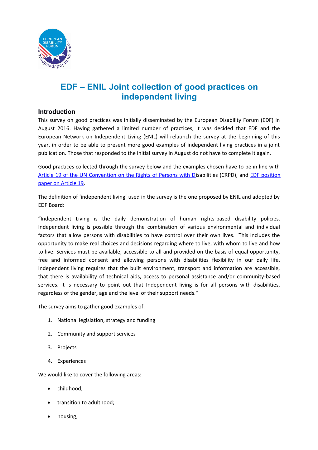 EDF ENIL Joint Collection of Good Practices on Independent Living