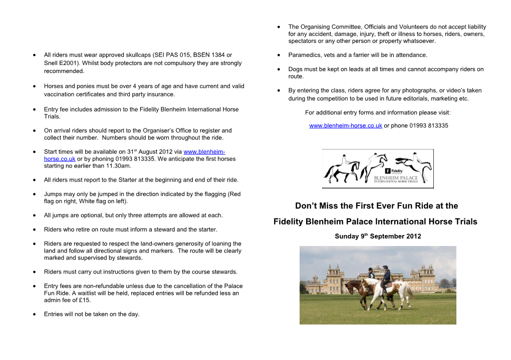 Entry Fee Includes Admission to the Fidelity Blenheim International Horse Trials