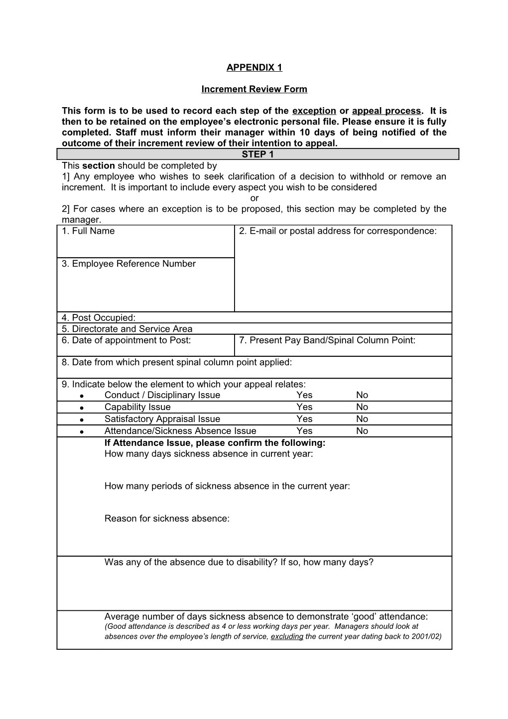 Appendix 1 - Increment Review Form