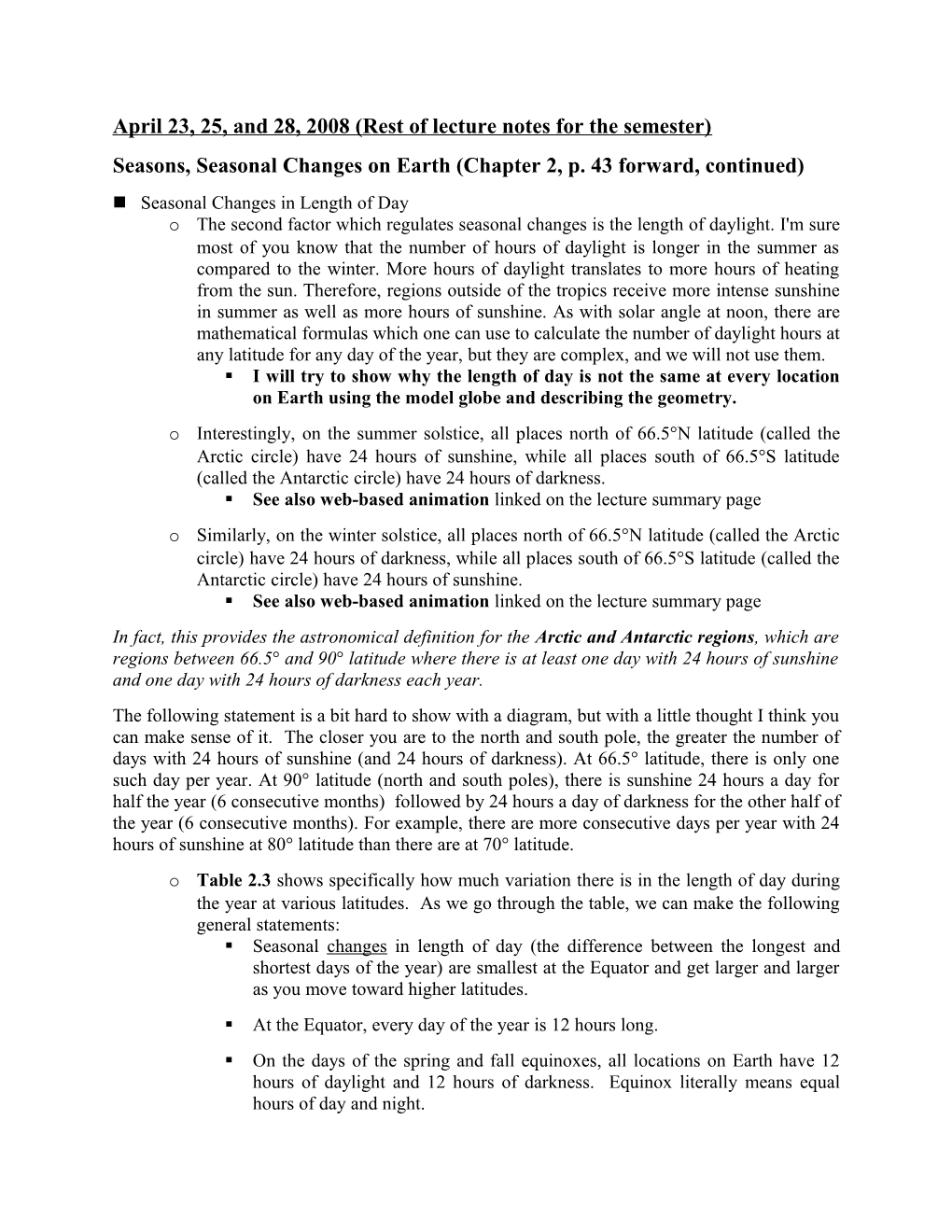 Seasons, Seasonal Changes on Earth (Chapter 2, P. 43 Forward, Continued)