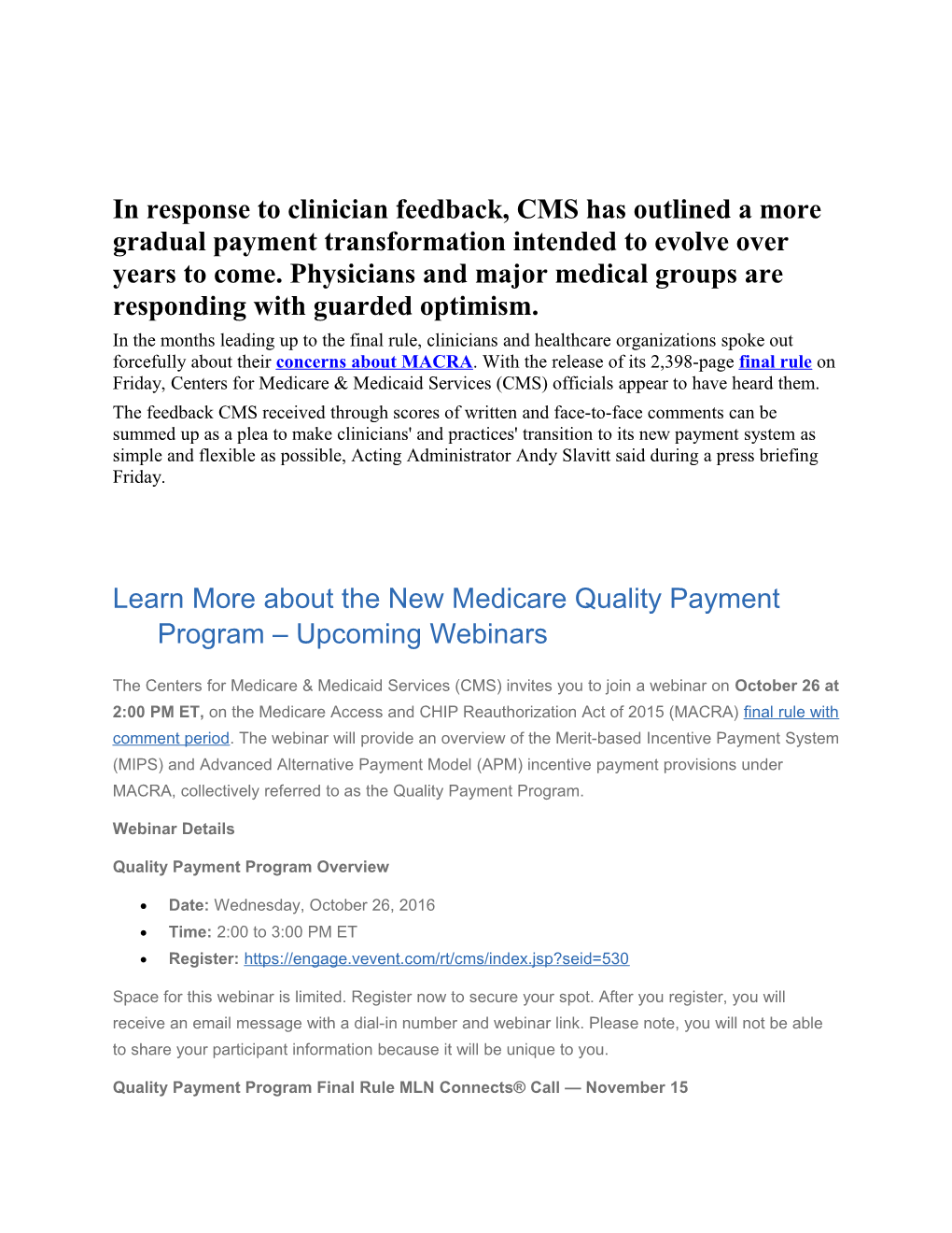 Learn More About the New Medicare Quality Payment Program Upcoming Webinars