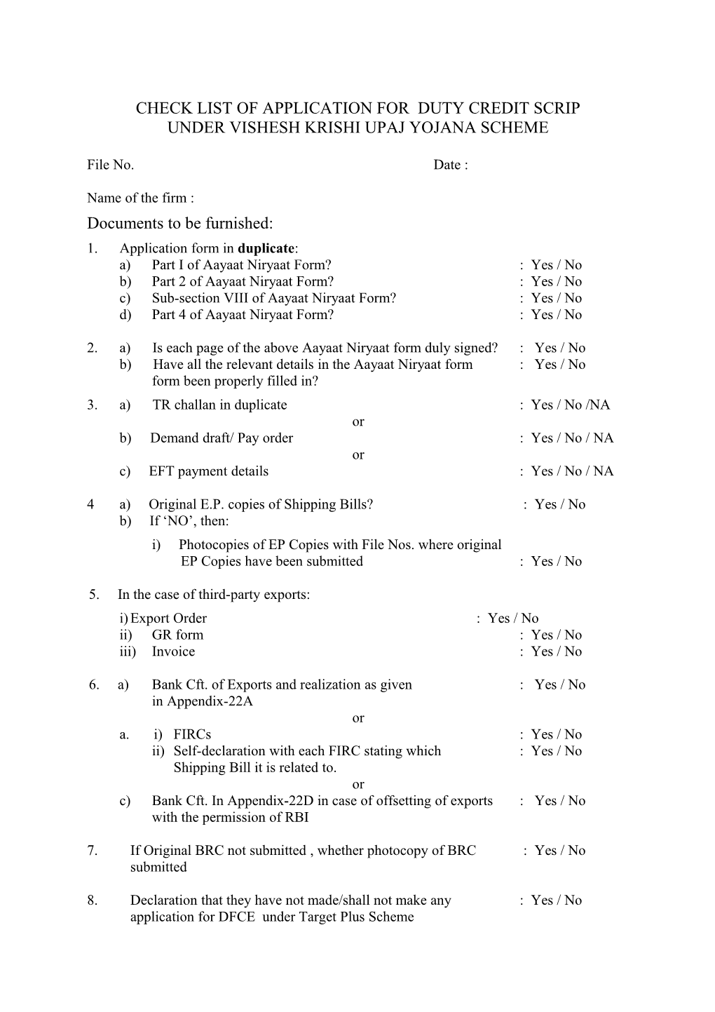 Check List of Application for Issue of Dfce Cft