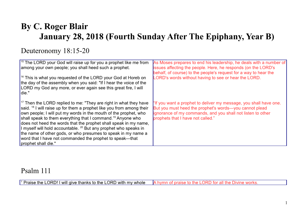 By C. Roger Blairjanuary 28, 2018 (Fourth Sunday After the Epiphany, Year B)