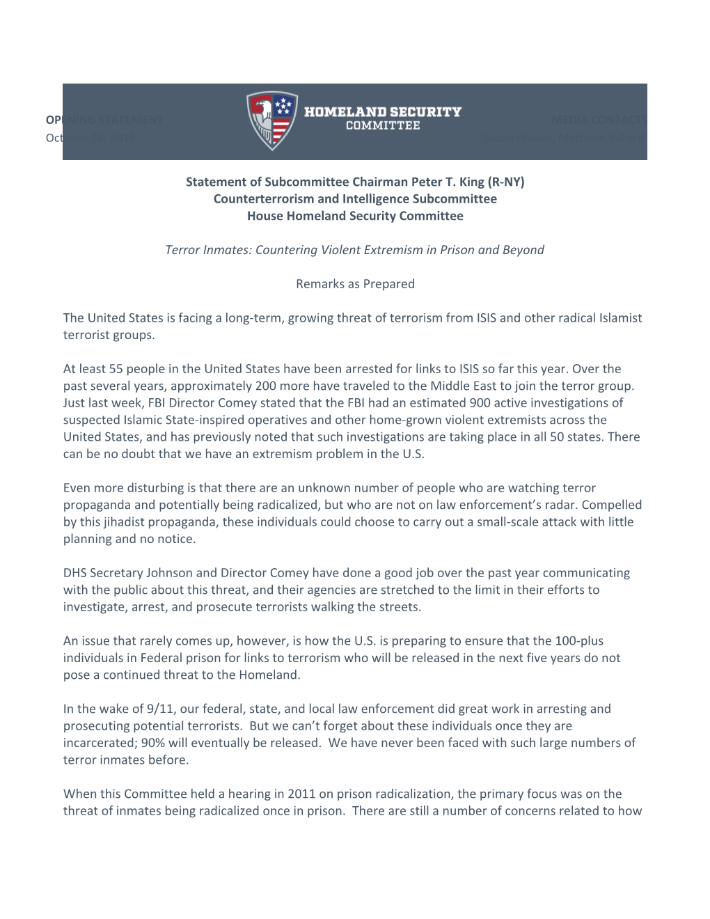 Statement of Subcommittee Chairman Peter T. King (R-NY)