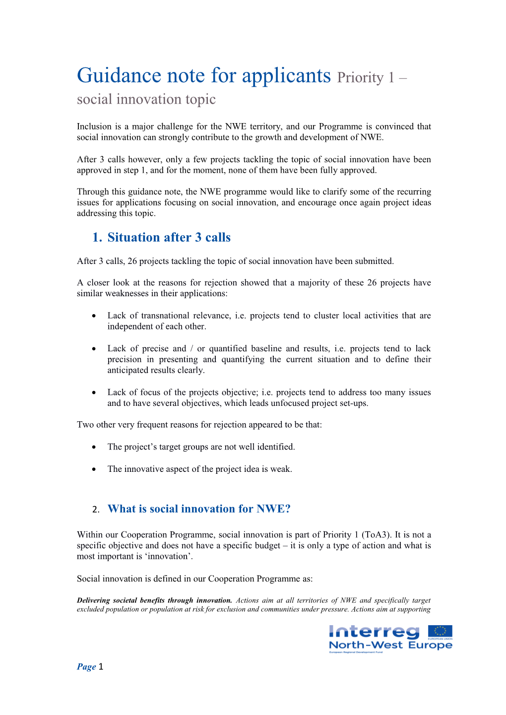 Guidance Note for Applicants Priority 1 Social Innovation Topic