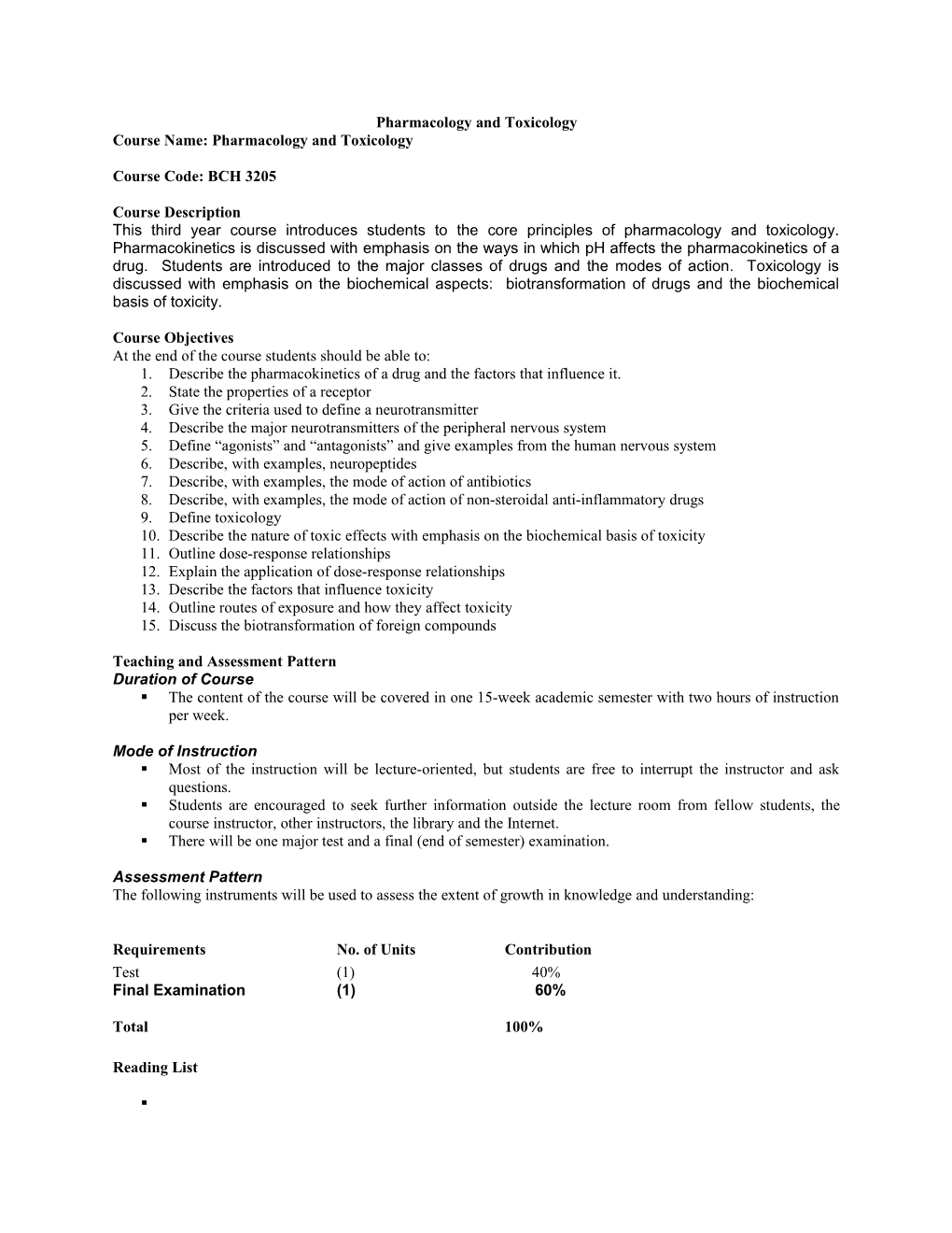 Course Name: Pharmacology and Toxicology