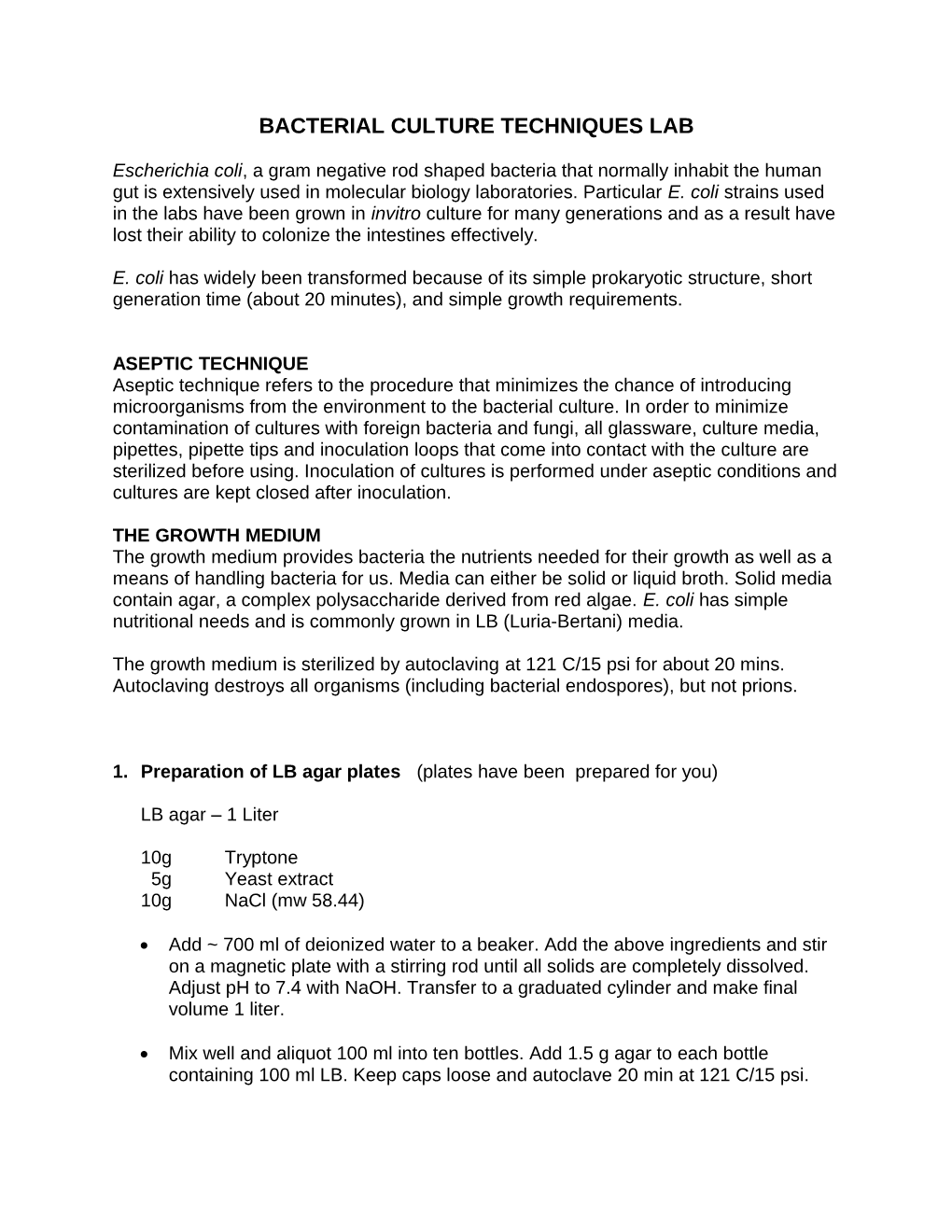 Bacterial Culture Techniques Lab