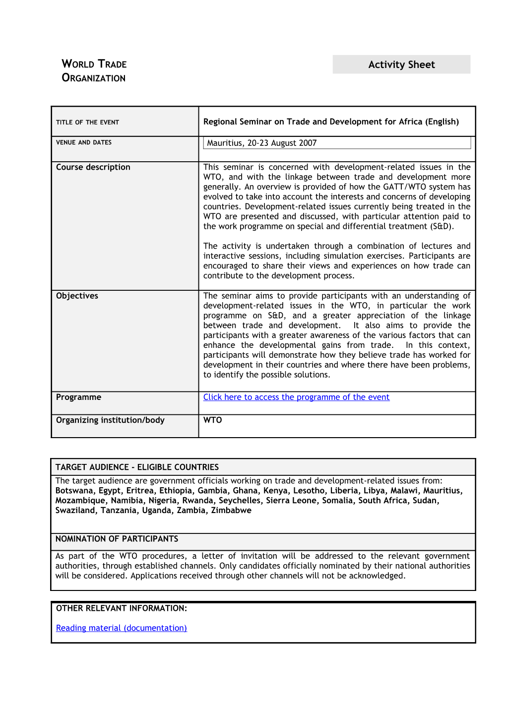 Wto Regional Seminar on Trade and Development For