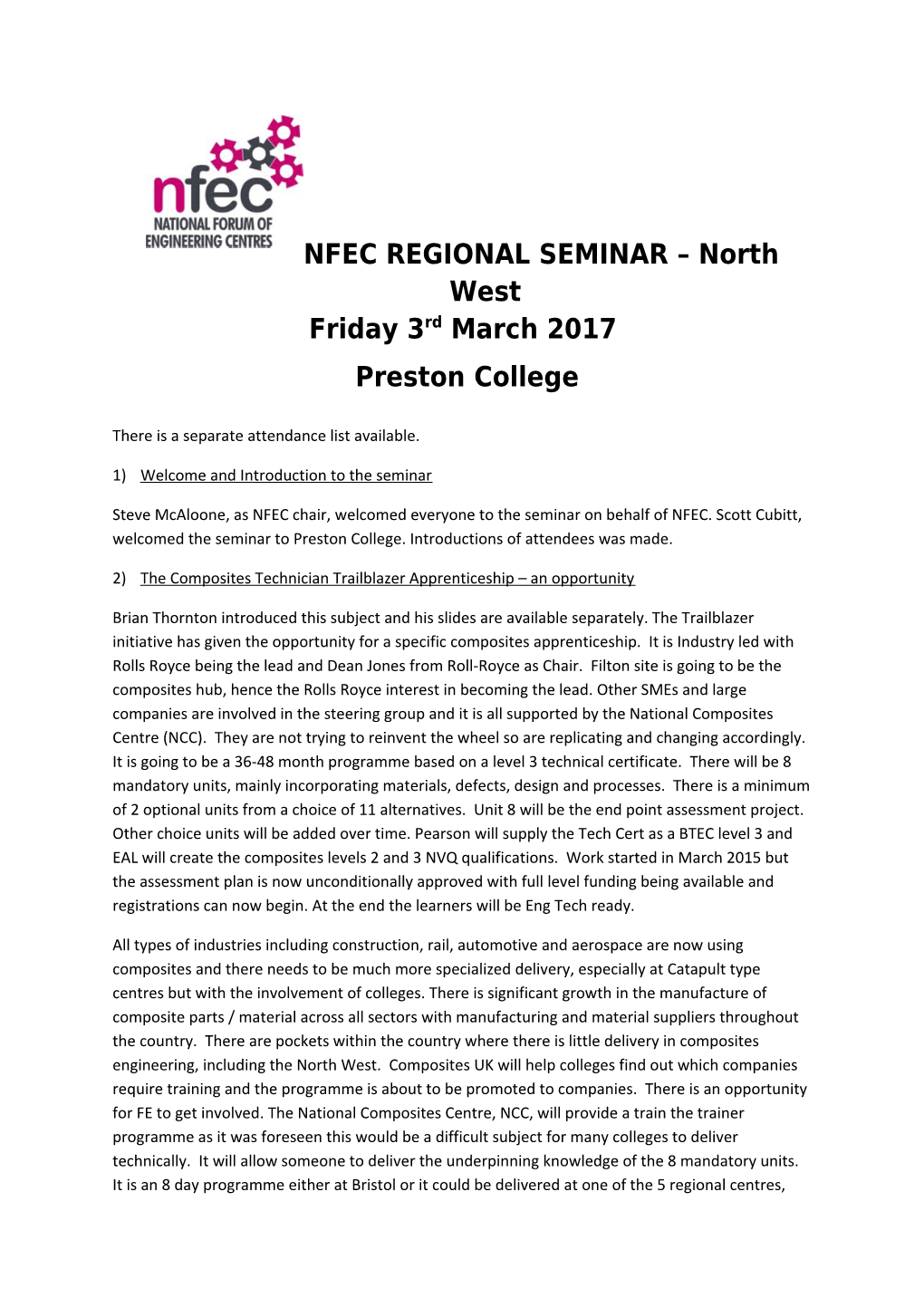 NFEC REGIONAL SEMINAR North West