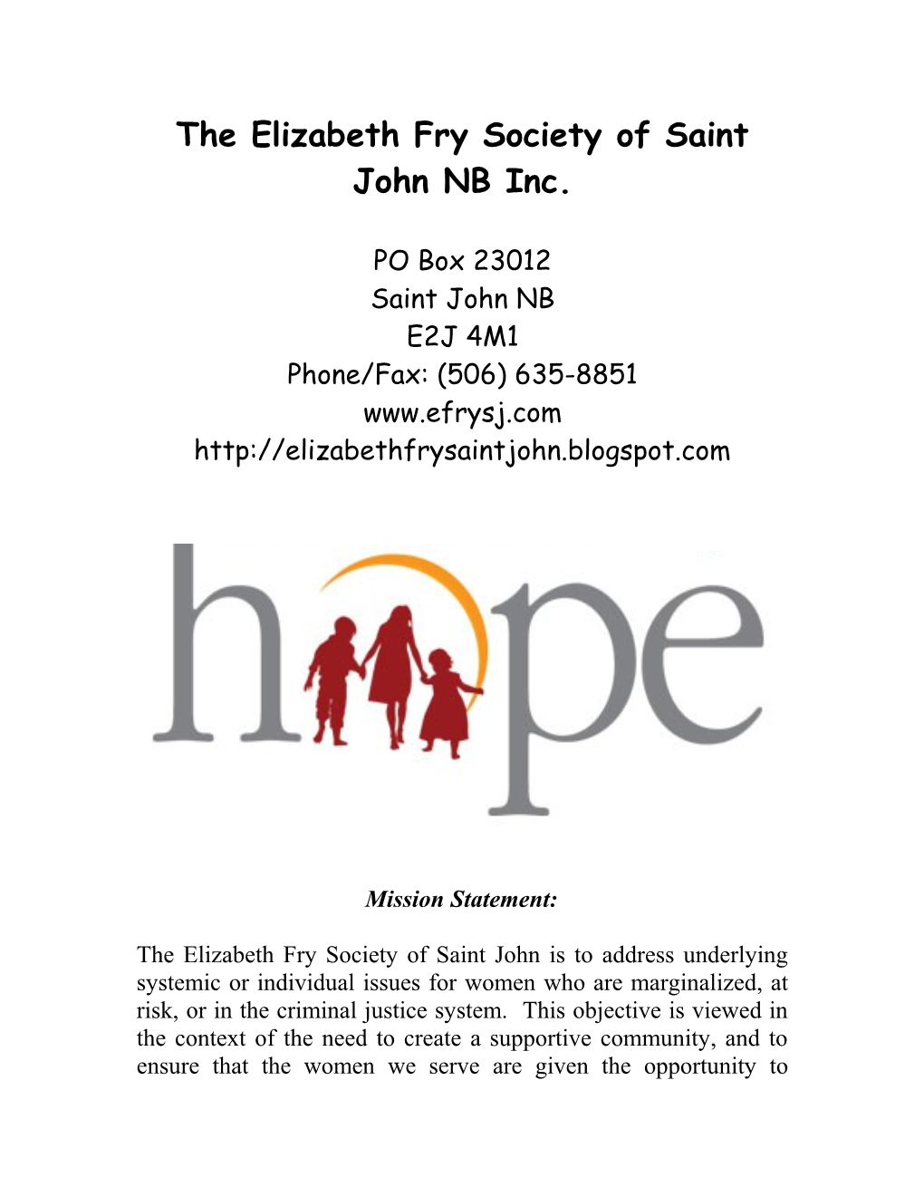 The Elizabeth Fry Society of Saint John NB Inc