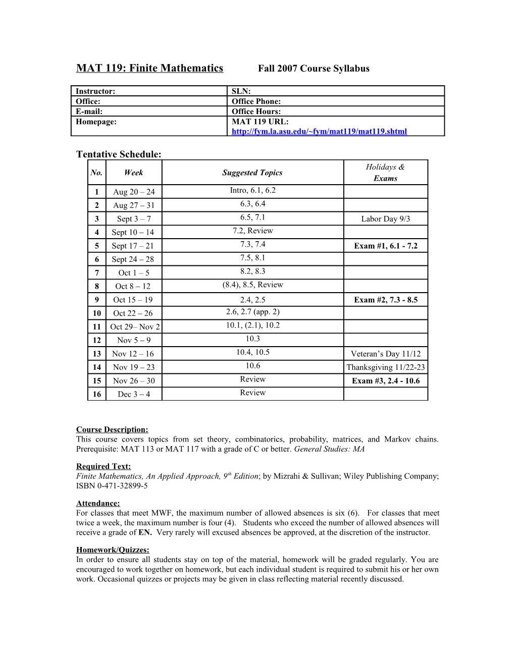 MAT 119: Finite Mathematics