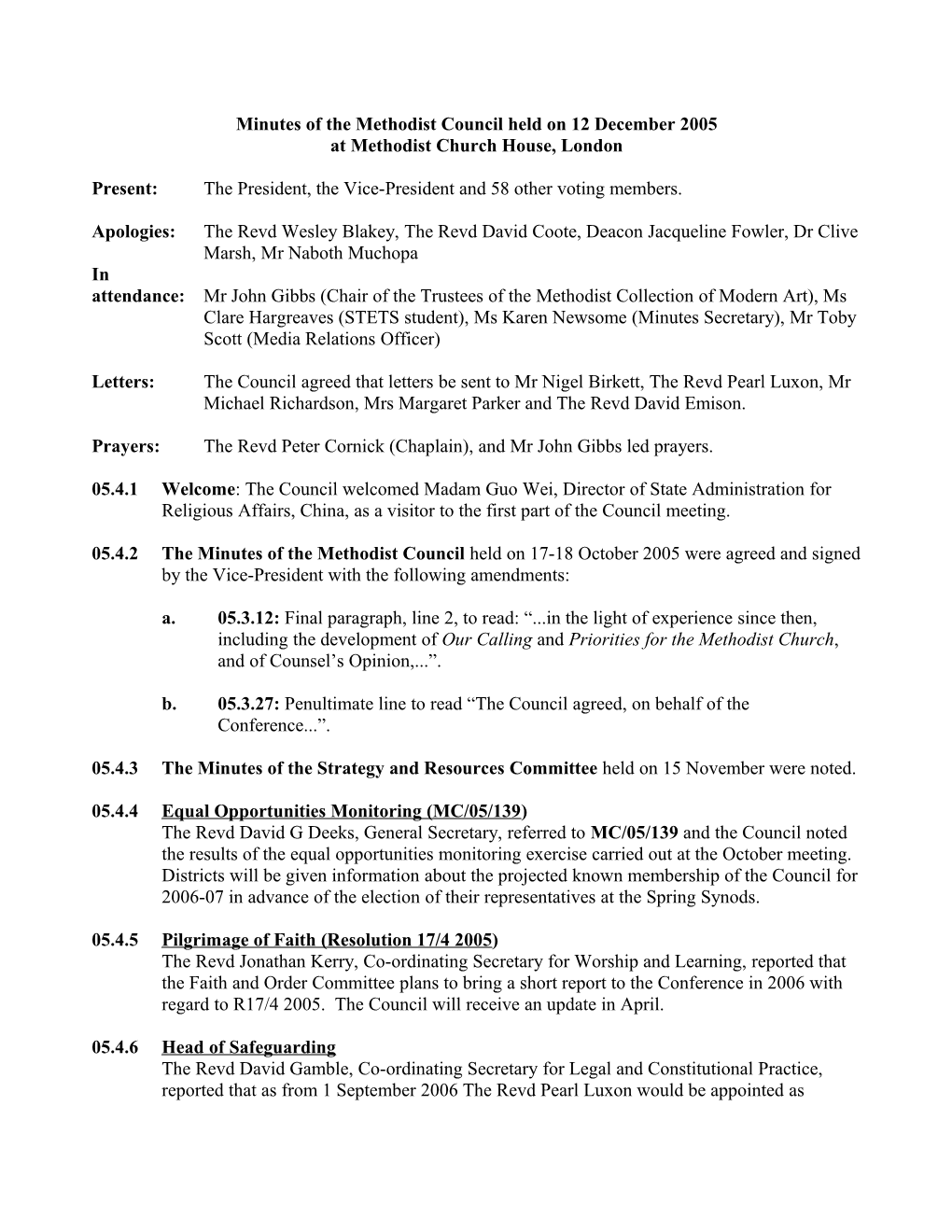 Minutes of the Methodist Council Held on 12 December 2005