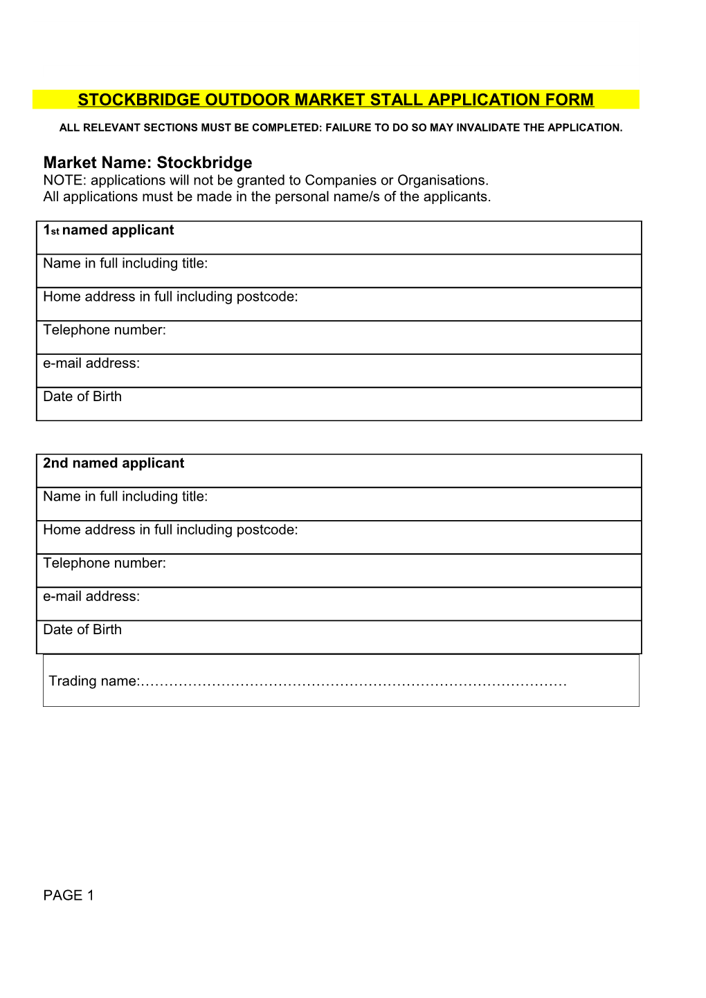 Stockbridge Outdoor Market Stall Application Form