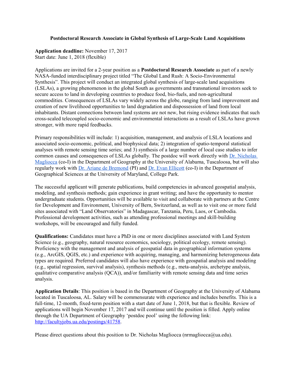 Postdoctoral Research Associate in Global Synthesis of Large-Scale Land Acquisitions