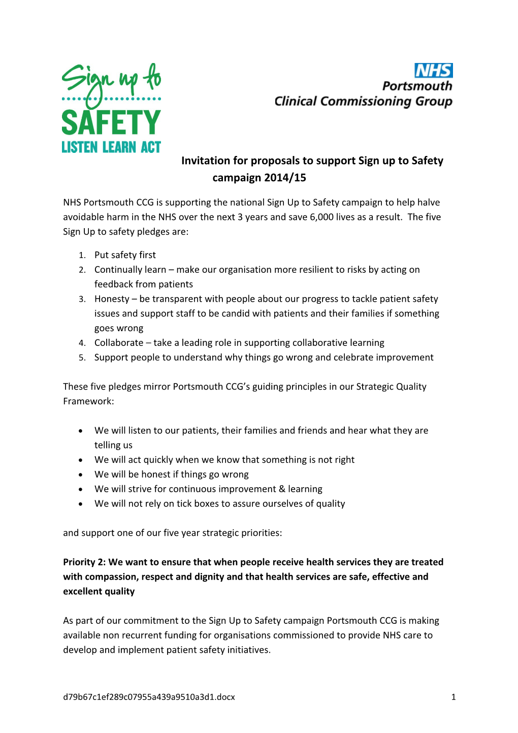 Invitation for Proposals to Support Sign up to Safety Campaign 2014/15