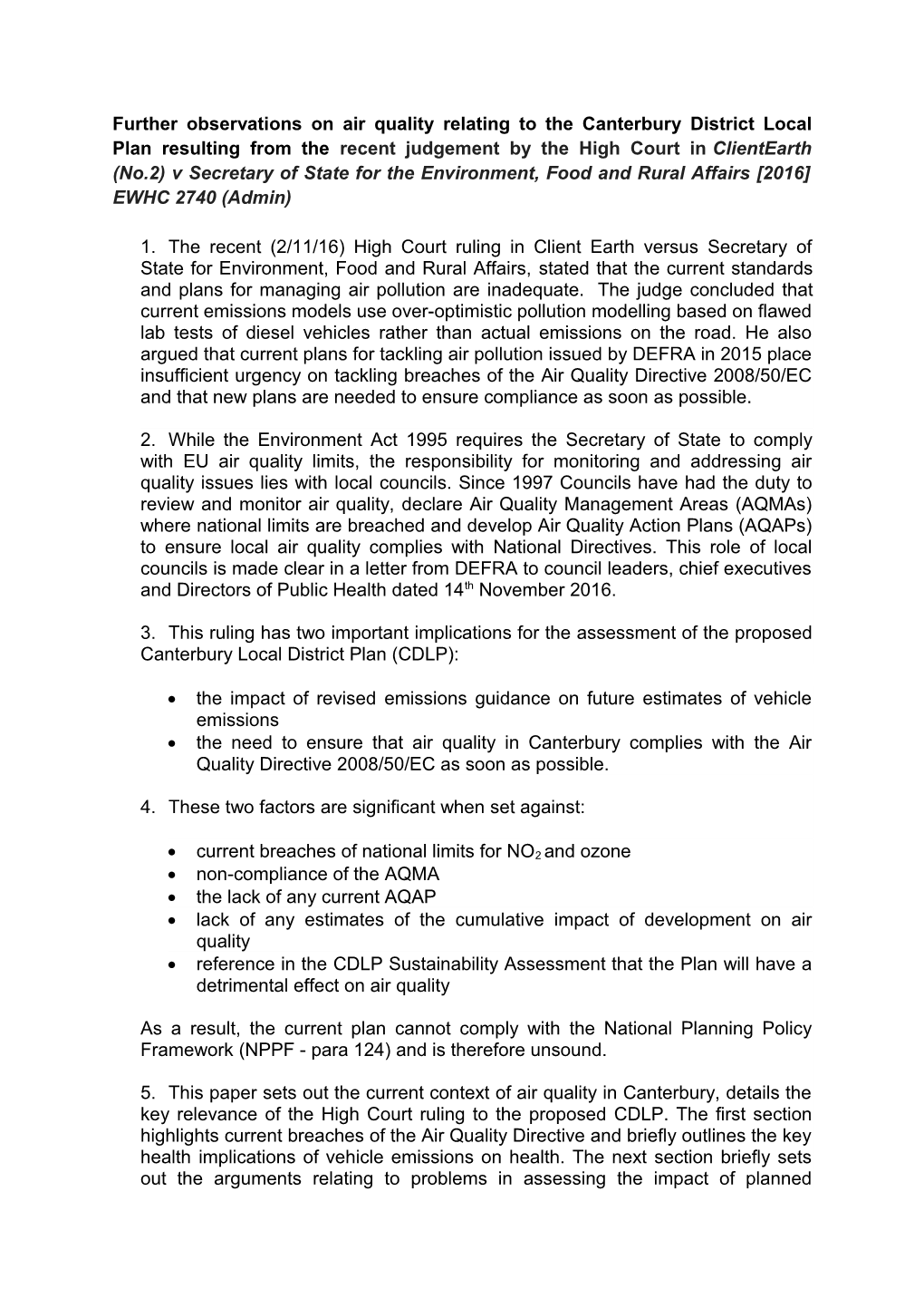 Further Observations on Air Quality Relating to the Canterbury District Local Plan Resulting