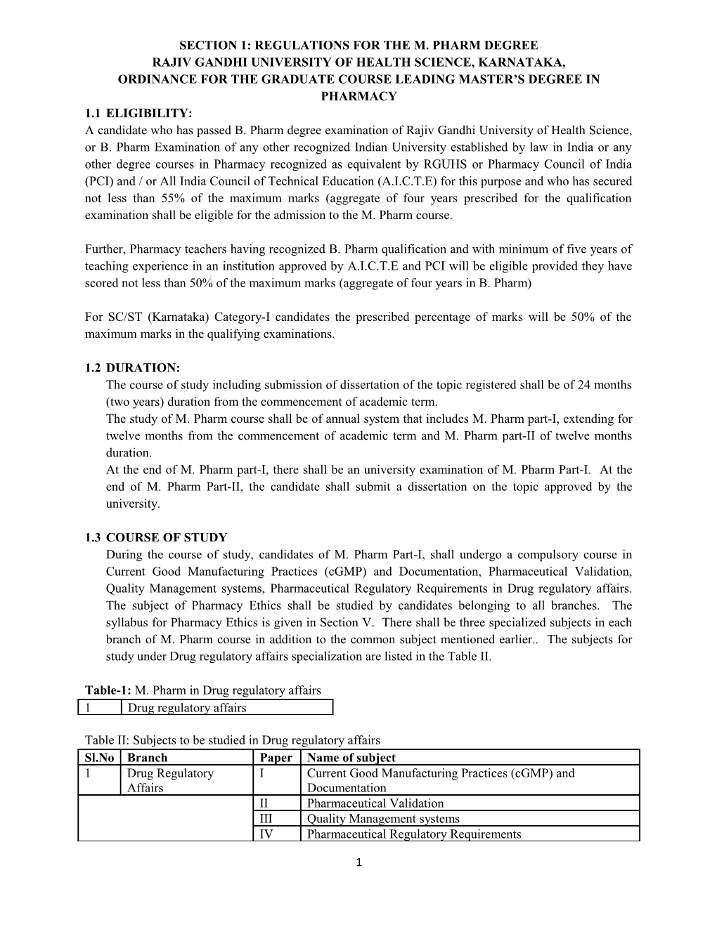 Section 1: Regulations for the M