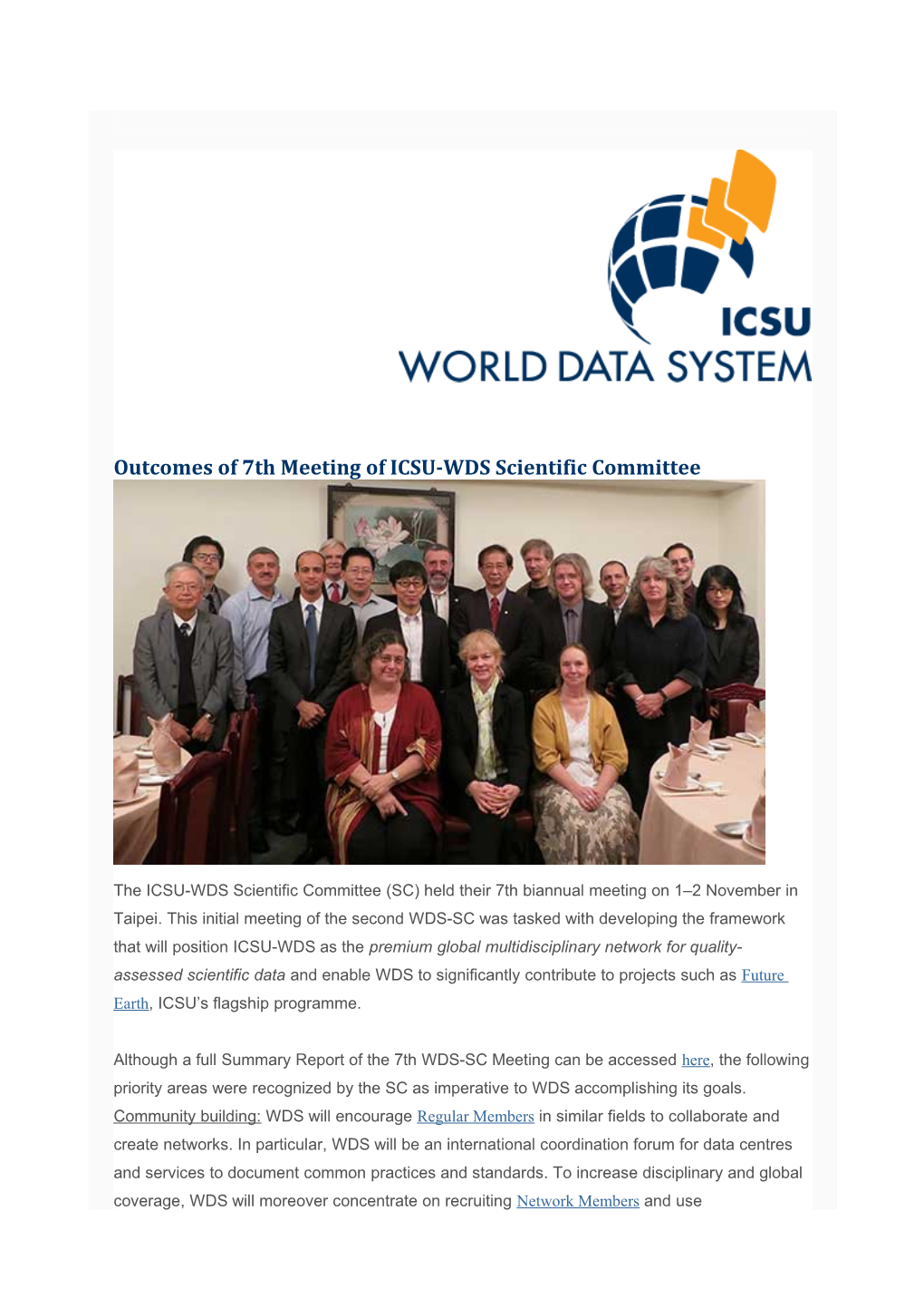 Outcomes of 7Th Meeting of ICSU-WDS Scientific Committee