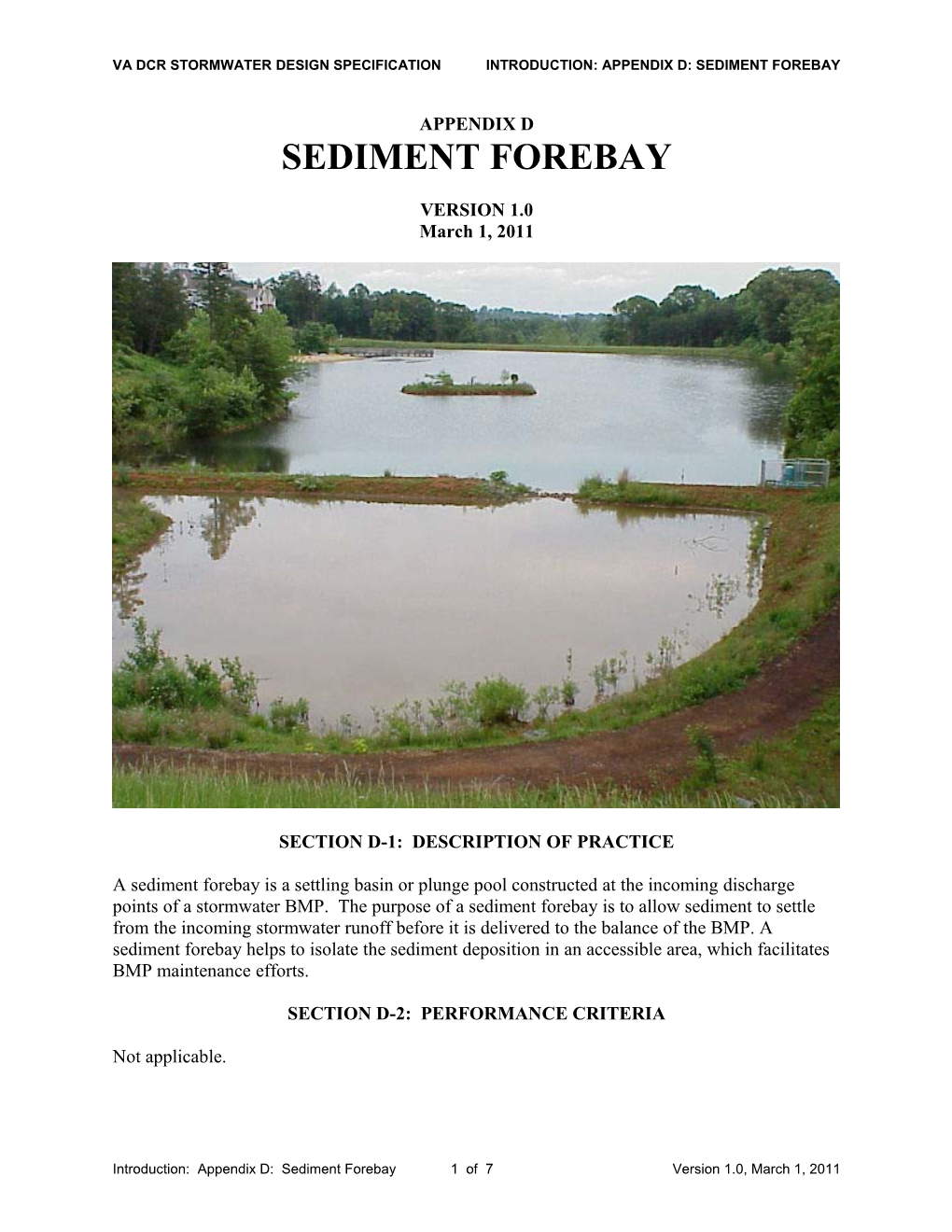 VA DCR STORMWATER DESIGN Specificationintroduction: APPENDIX D: SEDIMENT FOREBAY