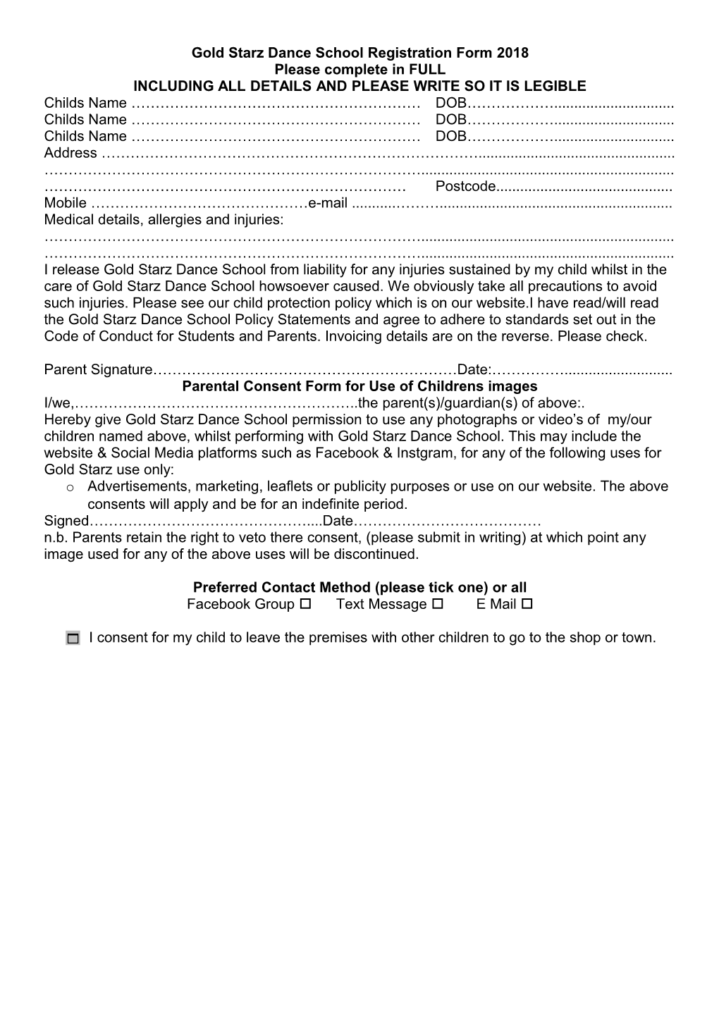Gold Starz Dance School Registration Form