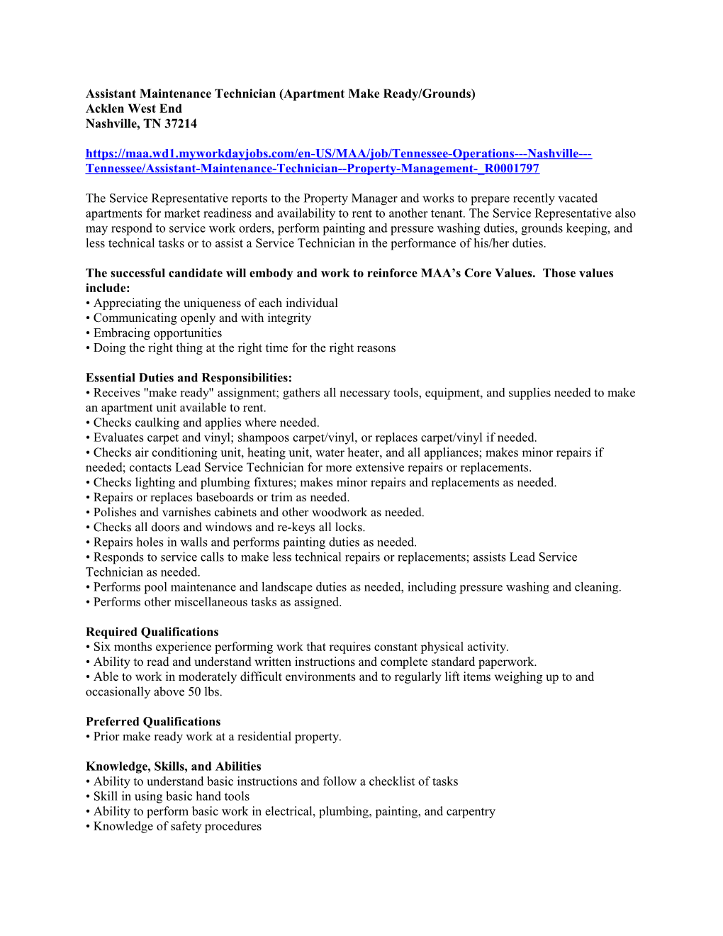 Assistant Maintenance Technician (Apartment Make Ready/Grounds)