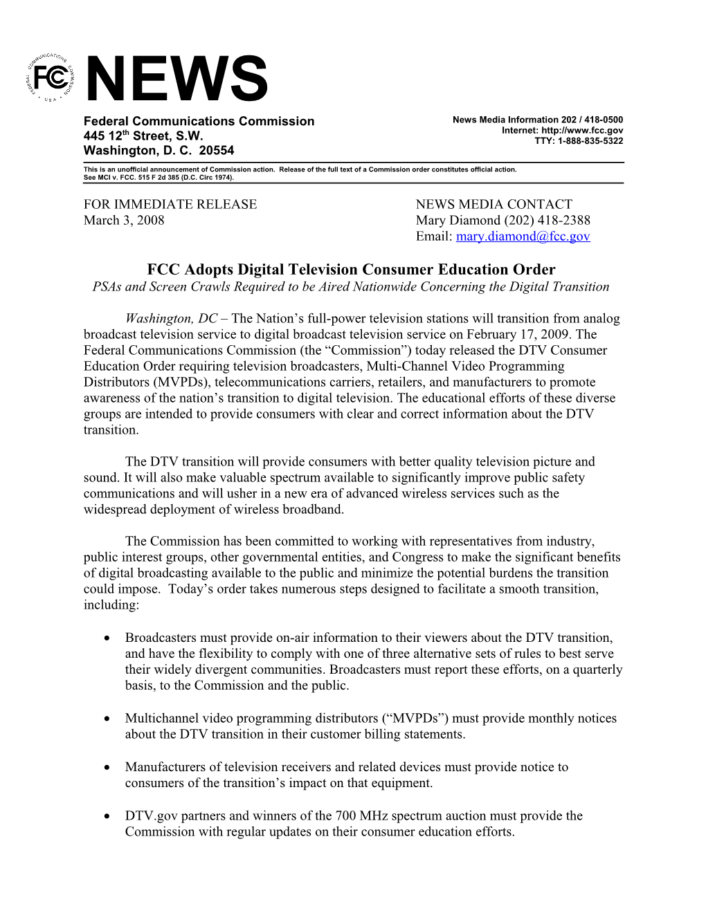 FCC Adopts Digital Television Consumer Education Order