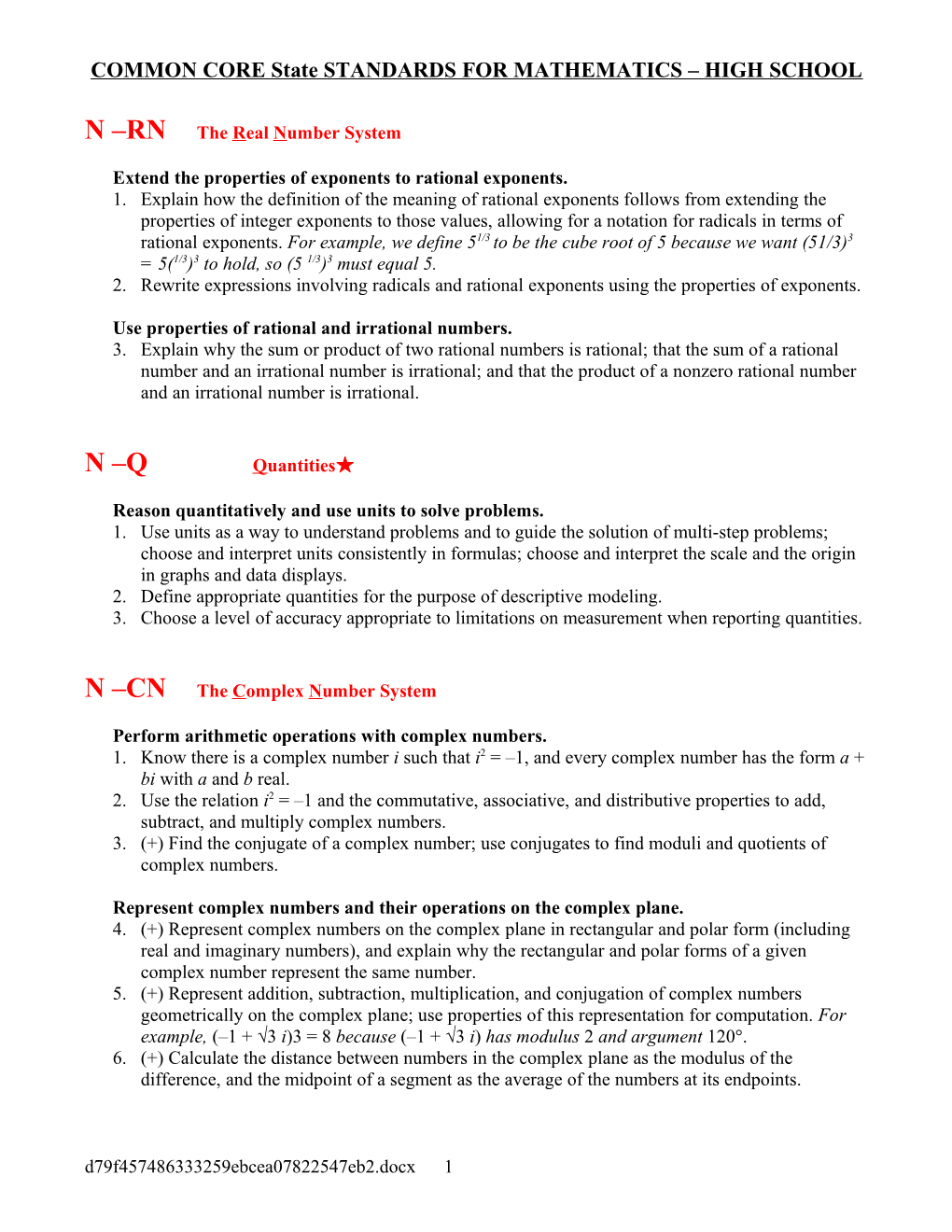 COMMON CORE State STANDARDS for MATHEMATICS HIGH SCHOOL