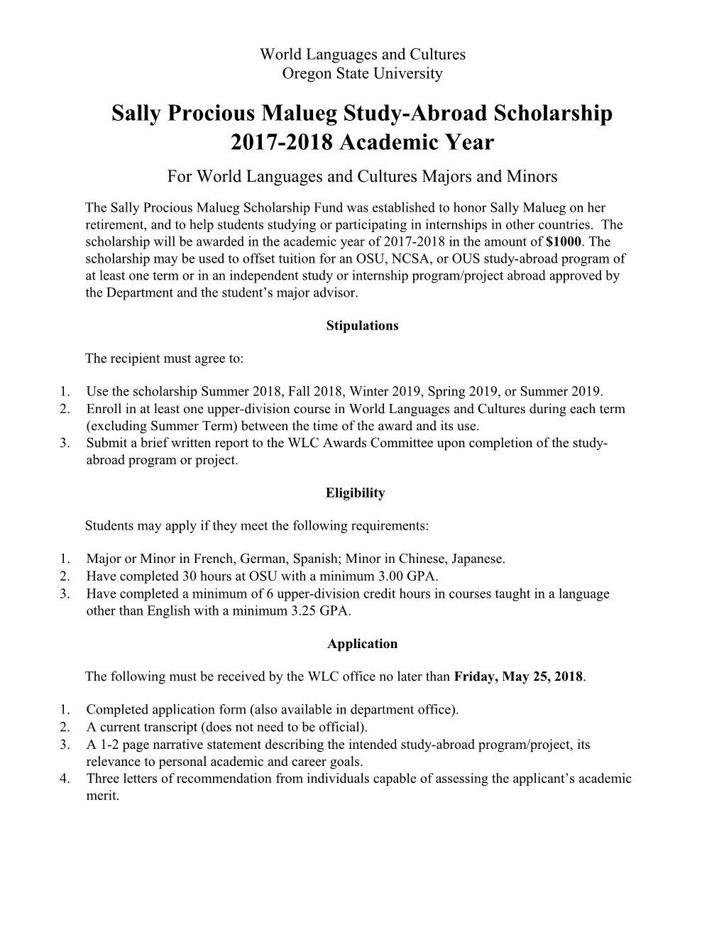 Sally Procious Malueg Study-Abroad Scholarship