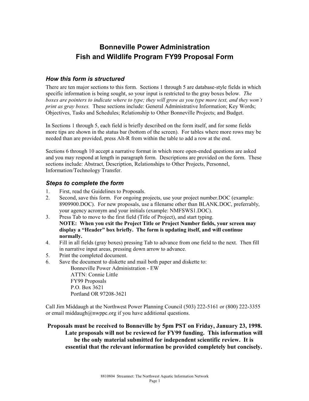 Bonneville F&W Program FY99 Form