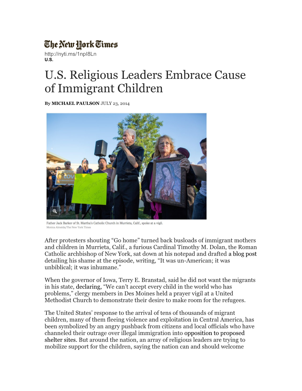U.S. Religious Leaders Embrace Cause of Immigrant Children