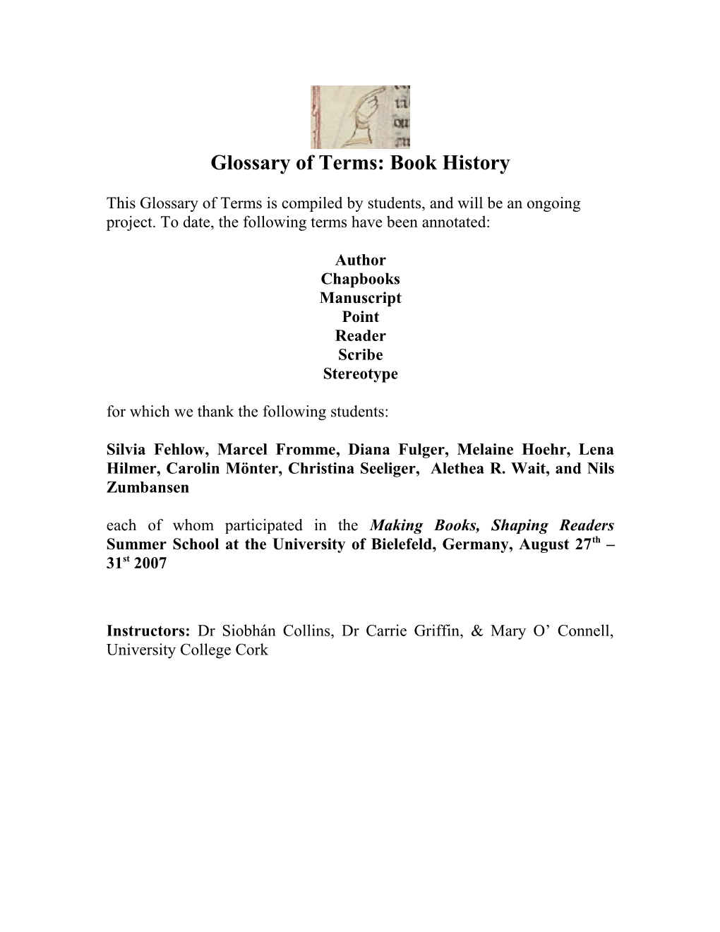 Glossary of Terms: Book History