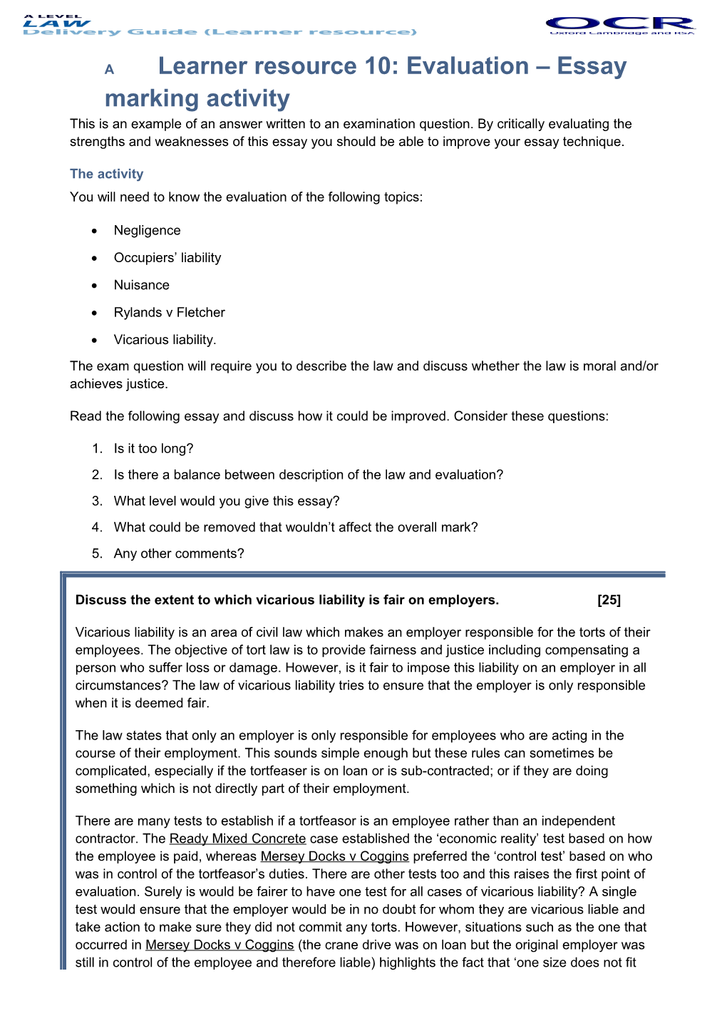 A Level Law Delivery Guide Tort - Learner Resource 10 Evaluation